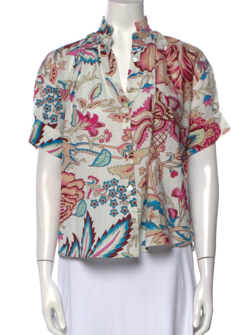 Alix of Bohemia Floral Print Short Sleeve Blouse - Pink & Teal XS